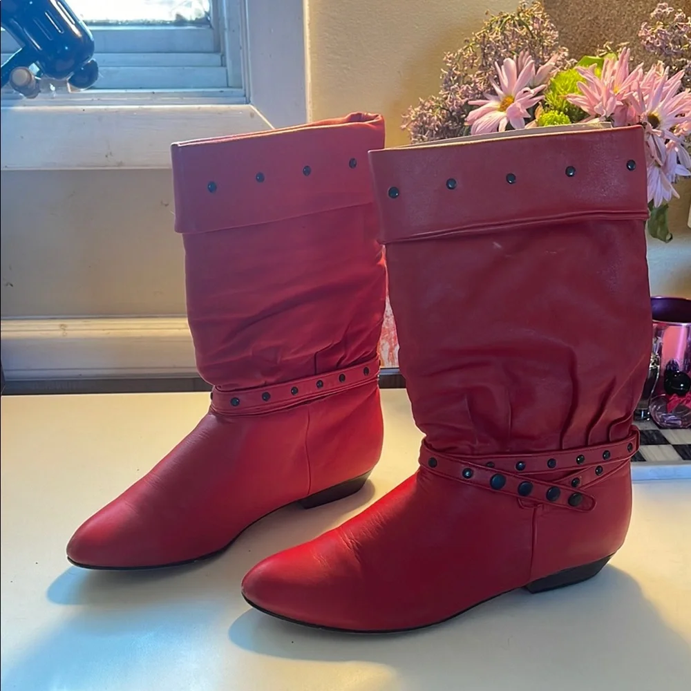 Vintage 1987 Leather Red Slouch Boots - Picture 4 of 13